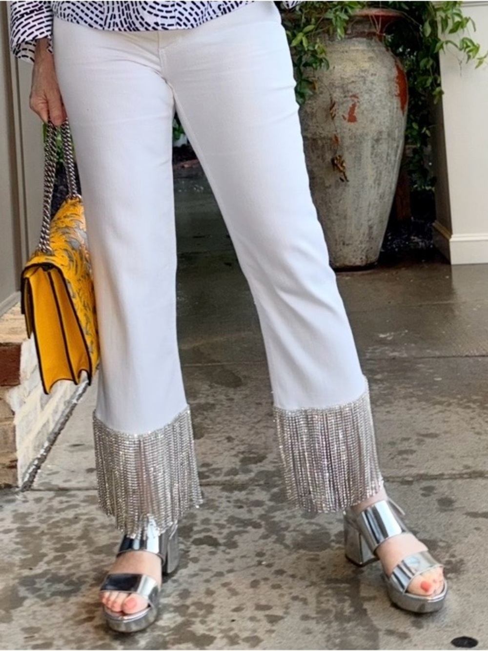 Alice + Olivia White Jeans With Rhinestone Fringe Hem-GREAT DEAL!